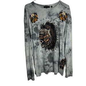 Affliction Indian head skull with headdress old tattoo style long sleeve shirt